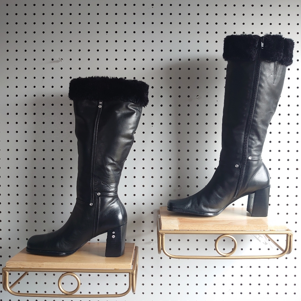 Westies Chunky Heel Block Leather, Fur And Rivet Rhinestone Winter Boots Black - Picture 2 of 14